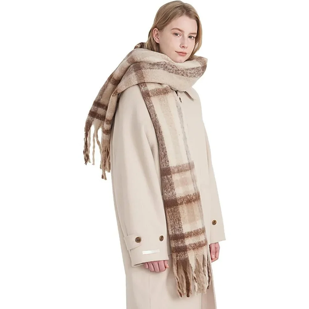 Vintage Women's Plaid Shawl Soft Cashmere-Style Wrap Cozy All Season